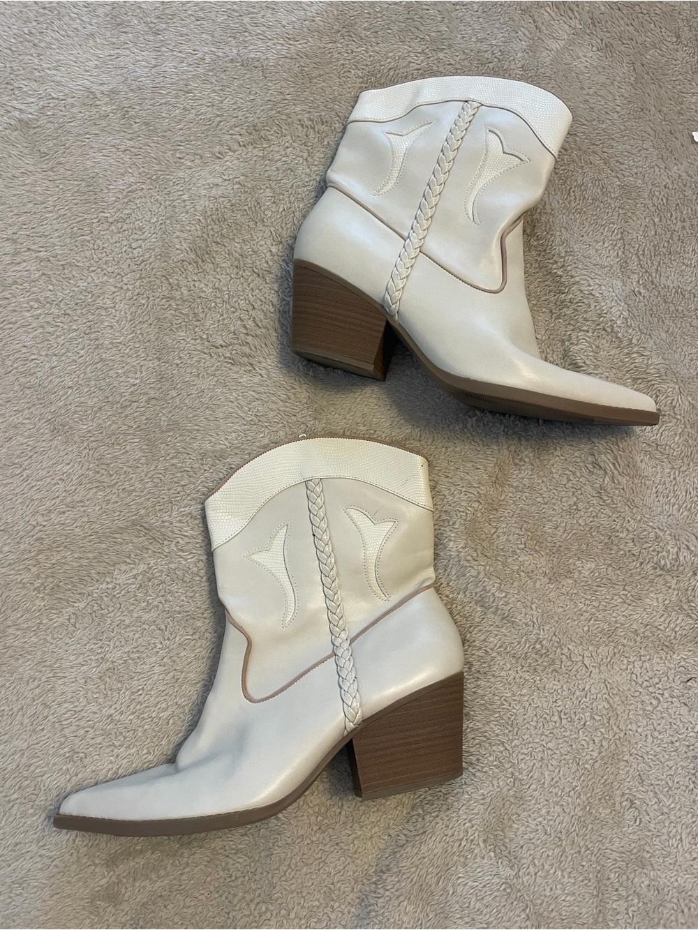 Women's Cream Western Ankle Boots - Stylish Braided Detail